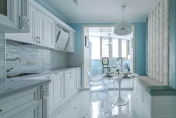 Kitchen with blue wallpaper design