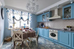 Kitchen With Blue Wallpaper Design