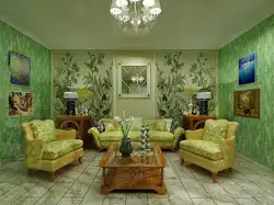 Living room interior if green wallpaper