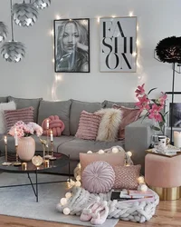 Living Room In Gray-Pink Color Photo