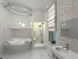 Дизайн ванной комнаты с угловой ванной с окном