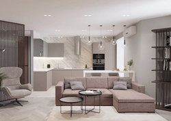 Interior of a combined kitchen-living room in light colors