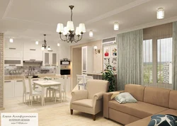Interior Of A Combined Kitchen-Living Room In Light Colors