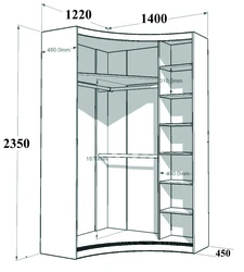 Corner wardrobe in the bedroom with photo dimensions