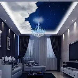 Bedroom interior with black glossy ceiling