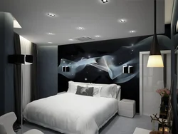 Bedroom interior with black glossy ceiling