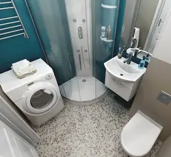 Photo of a bathroom with a shower and a washing machine without a toilet