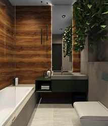 Дизайн ванны серая плитка с деревом