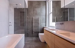 Bath design gray tiles with wood