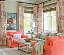 Coral color in the living room interior