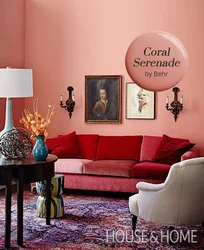 Coral color in the living room interior