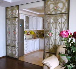 Interior with sliding doors kitchen with living room