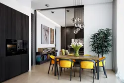 Interior with sliding doors kitchen with living room