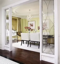 Interior with sliding doors kitchen with living room