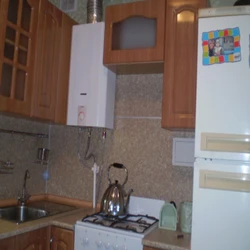 Kitchens in Khrushchev with a gas water heater and a refrigerator design 5