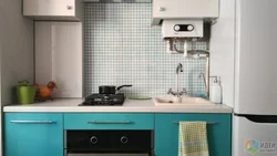 Kitchens in Khrushchev with a gas water heater and a refrigerator design 5