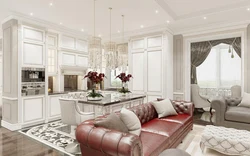 Interior of a kitchen living room in a house in a classic style