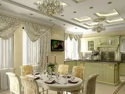 Interior of a kitchen living room in a house in a classic style