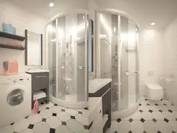Пәтерде душ кабинасы бар ванна бөлмесі және кір жуғыш машина