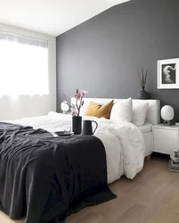 White bedroom with gray wallpaper photo