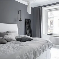 White bedroom with gray wallpaper photo