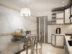 Interior of a rectangular kitchen with a balcony