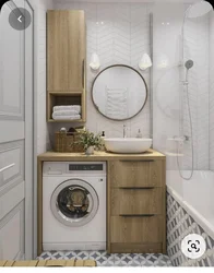 Photo of a small bathtub with a washing machine