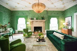 Green wallpaper for walls in the living room interior