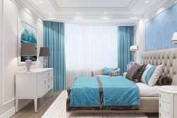 Blue and beige in the bedroom interior photo