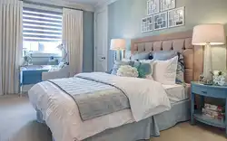 Blue and beige in the bedroom interior photo