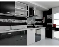 Интерьер кухни с черной белым фартуком фото