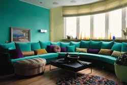 Living room interior in blue-green color