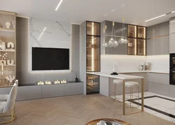 Photo of kitchen interior on one wall