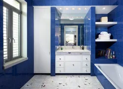 What color goes with blue in the bathroom interior