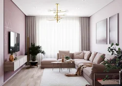 Living room interior in an apartment in light colors and corner sofas