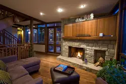 Living Room With Stone And Wood Photo