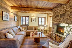 Living room wood and stone photo