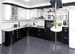 Black and white kitchen in the interior real