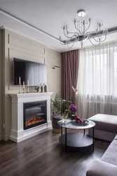 Living room in an apartment with a fireplace real photos