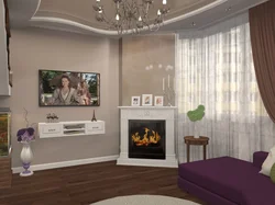Living room in an apartment with a fireplace real photos