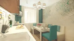 Kitchen 12 square meters design with sofa and balcony