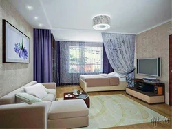 Фото интерьера гостиной с кроватью и диваном