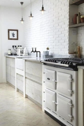 Interior white kitchen and brick