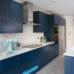 Beige kitchen with blue interior
