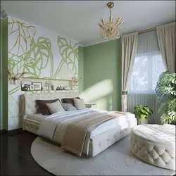 Bedroom interior green wallpaper