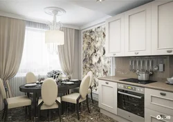 Gray beige curtains in the kitchen interior