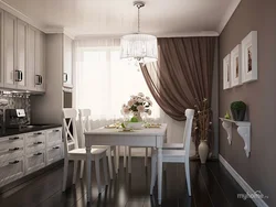 Gray beige curtains in the kitchen interior