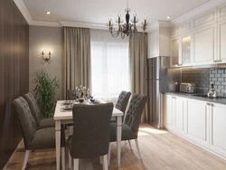 Gray beige curtains in the kitchen interior