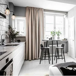 Gray Beige Curtains In The Kitchen Interior