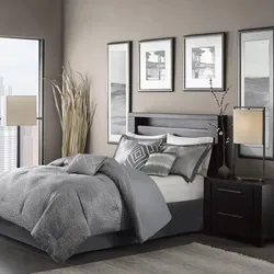 Bedroom design with light gray bed